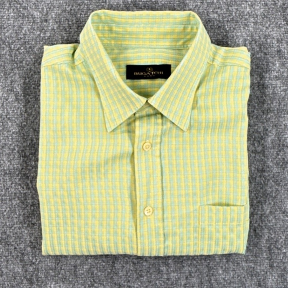 Bugatchi Uomo Mens XXL Yellow Blue Plaid Short Sleeve Button Down Shirt